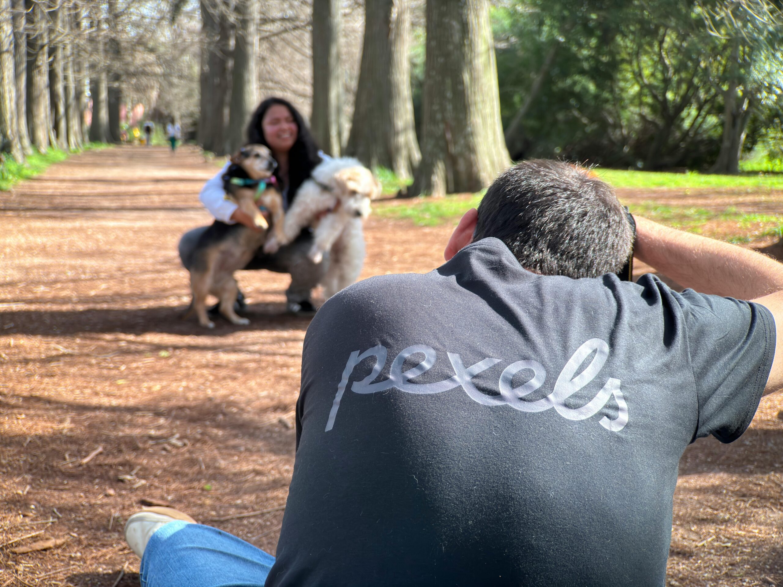 Photographer taking pictures of a woman with her dogs outdoors.